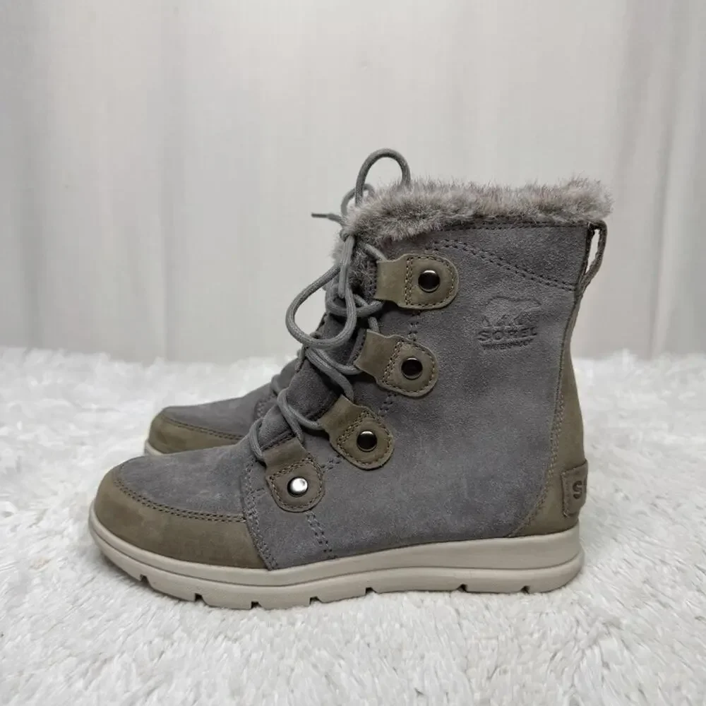 SOREL / gray Explorer Joan waterproof lace up faux fur suede leather boots / 6